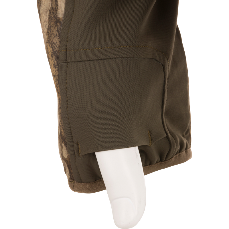 Close-up of Midweight Nova Silencer Jacket sleeve, showing elasticated cuff and reinforced panels, designed for hunting with Agion Active X2 technology for odor protection.