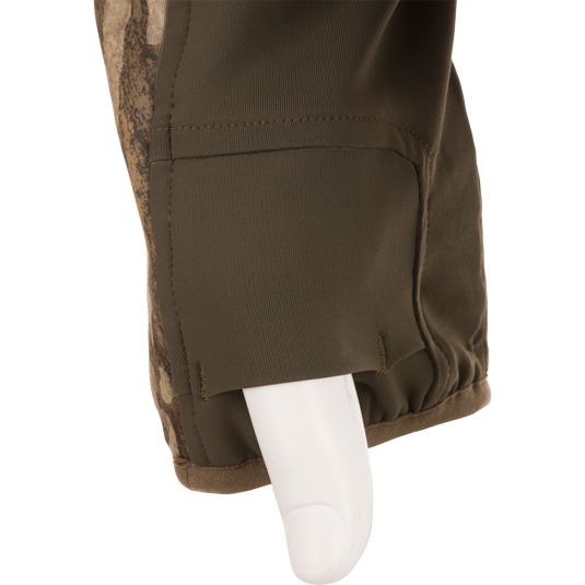 Close-up of Midweight Nova Silencer Jacket sleeve, showing elasticated cuff and reinforced panels, designed for hunting with Agion Active X2 technology for odor protection.