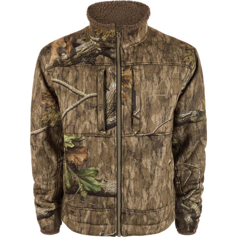 Midweight Nova Silencer Jacket with Agion Active X2, featuring woodland camouflage, sherpa collar, elasticized cuffs, zip pockets, designed for concealment and water resistance in hunting environments.