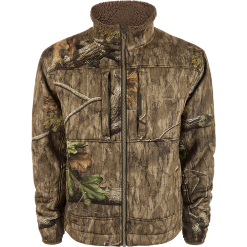 Midweight Nova Silencer Jacket with Agion Active X2, featuring woodland camouflage, sherpa collar, elasticized cuffs, zip pockets, designed for concealment and water resistance in hunting environments.