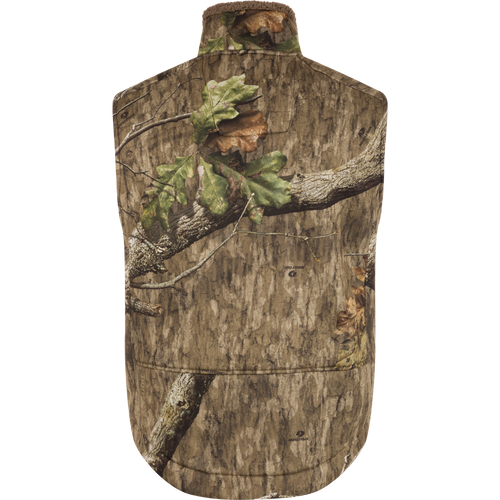 Back view of the Midweight Nova Silencer Vest with Agion Active X2, showcasing realistic tree bark and leaves camouflage pattern, designed for warmth, breathability, and hunting functionality.