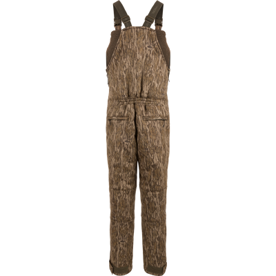 Midweight Nova Silencer Bib with Scent Control, featuring camo pattern, adjustable straps, zippered pockets, and insulated with sherpa fleece for warmth, breathability, and silence.