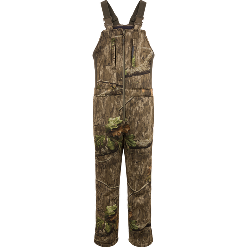 Midweight Nova Silencer Bib with Scent Control, featuring adjustable straps, front-center zipper, tree-bark camo, zippered chest pockets, designed for warmth, breathability, and silent outdoor activities.
