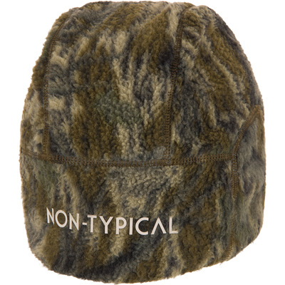Non-Typical StatixHW Sherpa Fleece Beanie with Agion Active X2, featuring an earth-tone pattern, zig-zag stitching, and designed for warmth and odor control in cold-weather hunting.