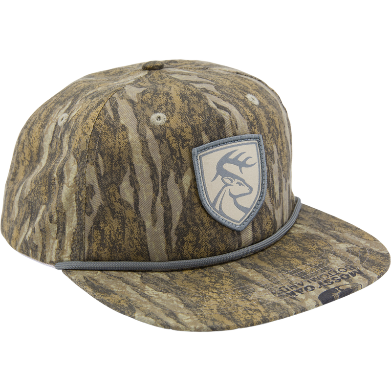 Non-Typical X Lost Hat Goat Rope Hat featuring woodland camo, deer patch, and rope detail; 5-panel, adjustable snap back for comfortable, versatile fit.