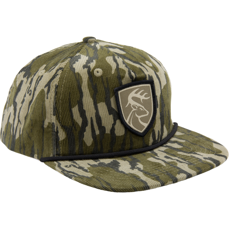 Non-Typical X Lost Hat Cord Goat Rope Hat features a camouflage pattern, deer patch, and paracord rope, crafted from durable corduroy for hunting or casual wear.