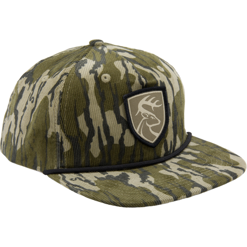 Non-Typical X Lost Hat Cord Goat Rope Hat features a camouflage pattern, deer patch, and paracord rope, crafted from durable corduroy for hunting or casual wear.