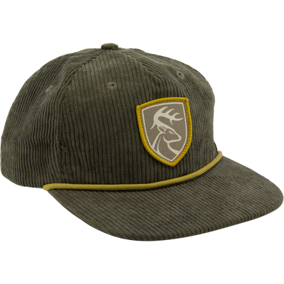 Non-Typical X Lost Hat Cord Goat Rope Hat with an embroidered deer patch on an olive-green corduroy, five-panel design featuring a paracord trim across the brim.