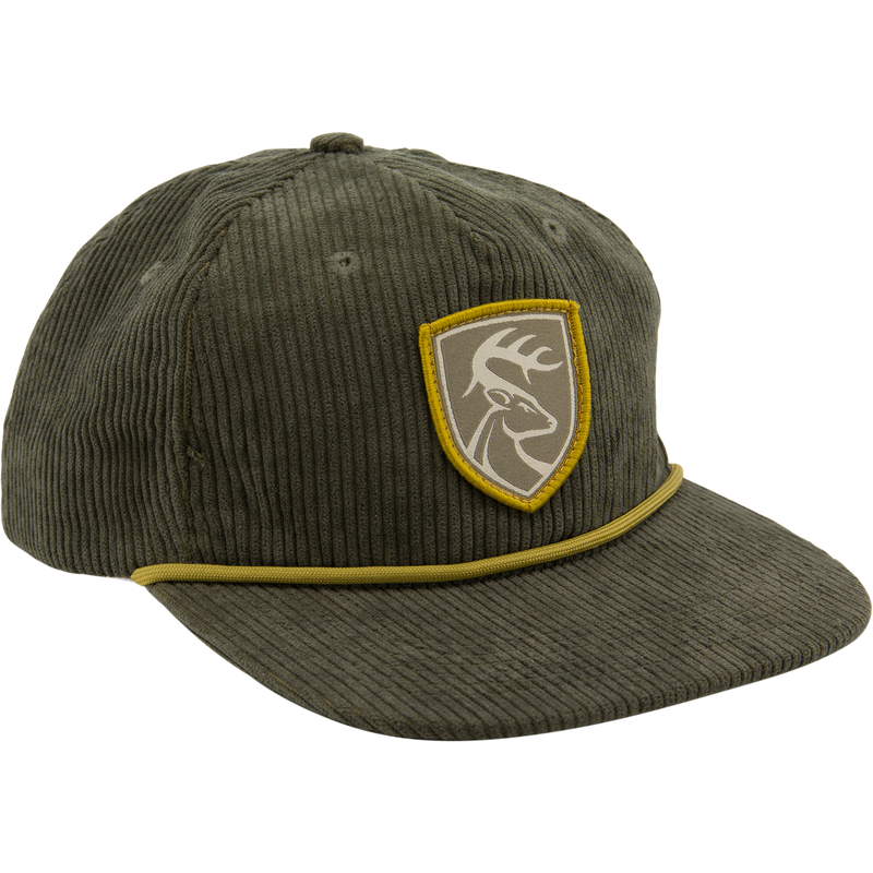 Non-Typical X Lost Hat Cord Goat Rope Hat with an embroidered deer patch on an olive-green corduroy, five-panel design featuring a paracord trim across the brim.