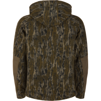 Back view of BMF1600 Kevlar Wader with Primaloft, showcasing its fleecy camo-patterned hooded jacket with olive-brown elbow panels, highlighting durability and advanced construction.