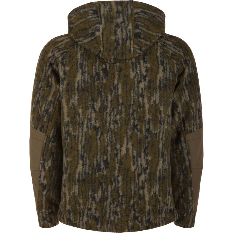 Back view of BMF1600 Kevlar Wader with Primaloft, showcasing its fleecy camo-patterned hooded jacket with olive-brown elbow panels, highlighting durability and advanced construction.