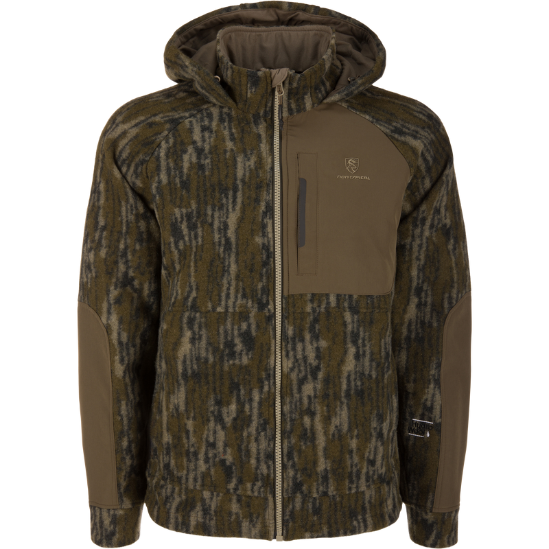 Midweight Hydrowool Softshell Jacket features an olive camo pattern, reinforced panels, and a vertical chest zip pocket, ideal for harsh outdoor conditions and scent control.