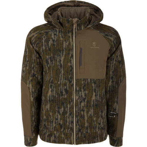 Midweight Hydrowool Softshell Jacket features an olive camo pattern, reinforced panels, and a vertical chest zip pocket, ideal for harsh outdoor conditions and scent control.