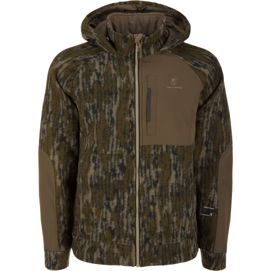 Midweight Hydrowool Softshell Jacket features an olive camo pattern, reinforced panels, and a vertical chest zip pocket, ideal for harsh outdoor conditions and scent control.