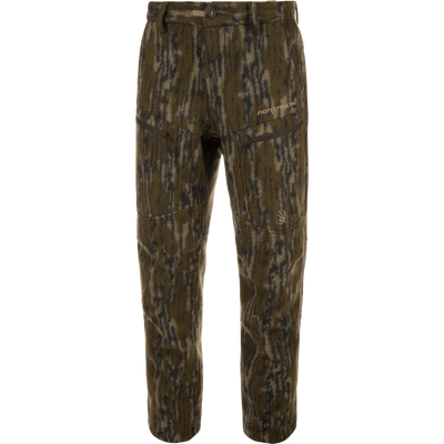 Midweight Hydrowool Softshell Pant with Scent Control, featuring camouflage pattern, zippered pockets, and buttoned waistband, ideal for hunting with windproof, waterproof, and anti-odor properties.