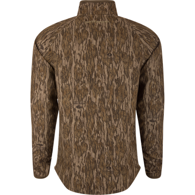 Back view of the Non-Typical SWT Hybrid Half Zip with Scent Control, featuring Mossy Oak Bottomland camo, ergonomic thumbholes, and water-resistant chest pocket.