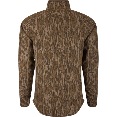 Back view of the Non-Typical SWT Hybrid Half Zip with Scent Control, featuring Mossy Oak Bottomland camo, ergonomic thumbholes, and water-resistant chest pocket.