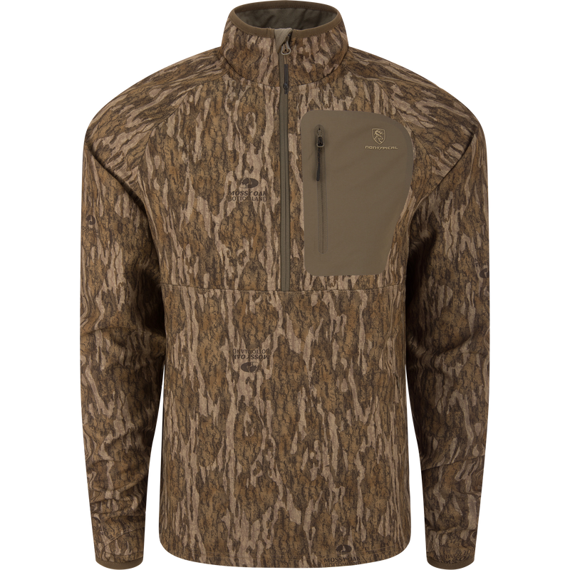 Non-Typical SWT Hybrid Half Zip with Scent Control, featuring a tree-bark camouflage pattern, zip-up collar, and zippered chest pocket, ideal for hunting with advanced moisture-wicking and odor control.