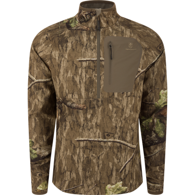 Non-Typical SWT Hybrid Half Zip with Scent Control features woodland camouflage, ergonomic thumbholes, and water-resistant pockets, ideal for hunting with breathability and odor protection.