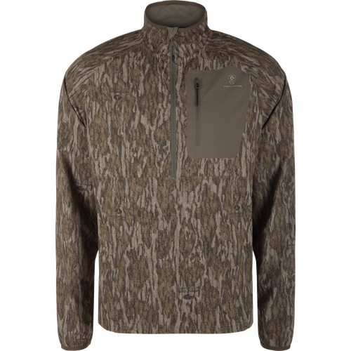 Non-Typical Lightweight SWT Half Zip Pullover with Scent Control on mannequin, featuring Mossy Oak Bottomland camo, zippered chest pocket, and ergonomic thumbholes for outdoor adventures.