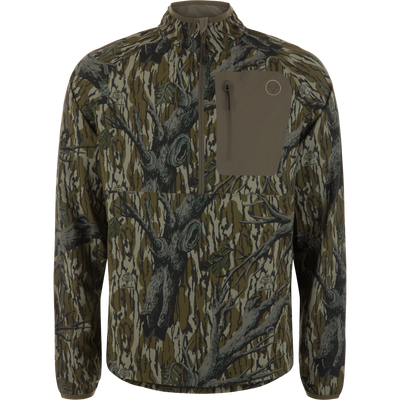Non-Typical Lightweight SWT Half Zip Pullover with Scent Control, featuring a camo pattern, zippered chest pocket, high collar, and ergonomic thumbholes for outdoor hunting adventures.