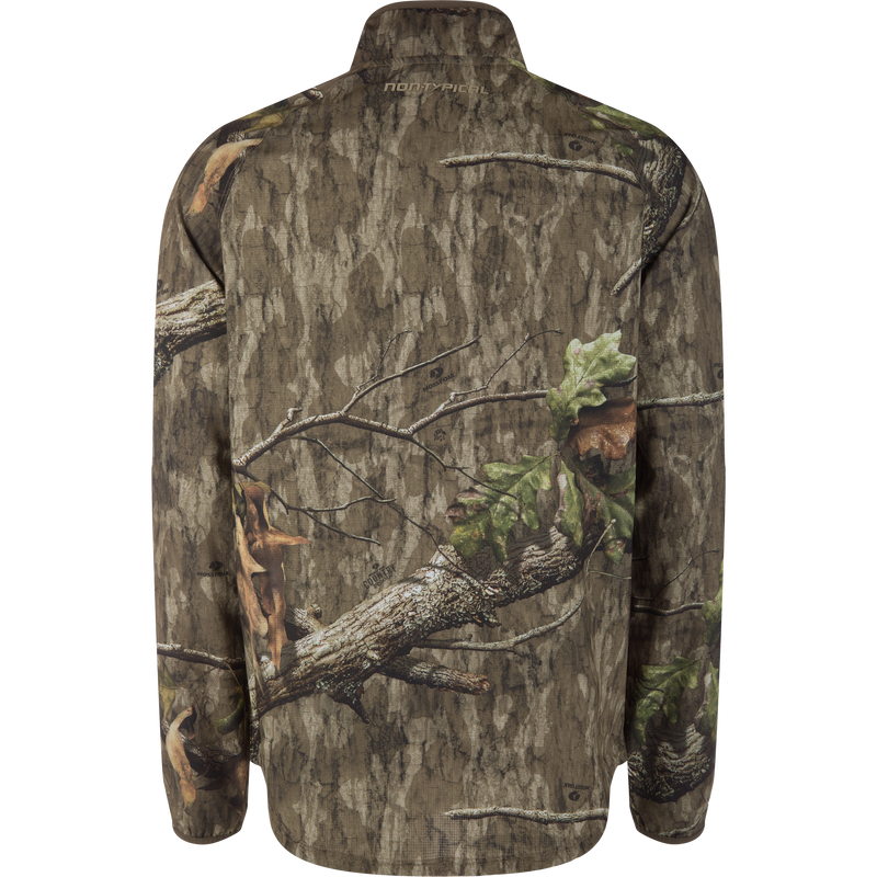 Non-Typical Lightweight SWT Half Zip Pullover with Scent Control, back view shows Mossy Oak camouflage and NONTYPICAL near collar, ideal for durable, odor-resistant hunting.