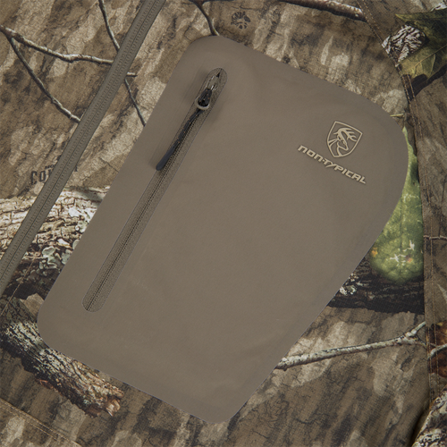Non-Typical Lightweight SWT Half Zip Pullover features a camo-pattern with a khaki-green waterproof zip pocket and NON-TYPICAL logo, ideal for hunting and outdoor activities.