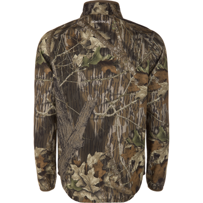 Non-Typical Lightweight SWT Half Zip Pullover with Scent Control in woodland camouflage on mannequin, showcasing ergonomic design and brand label under collar.