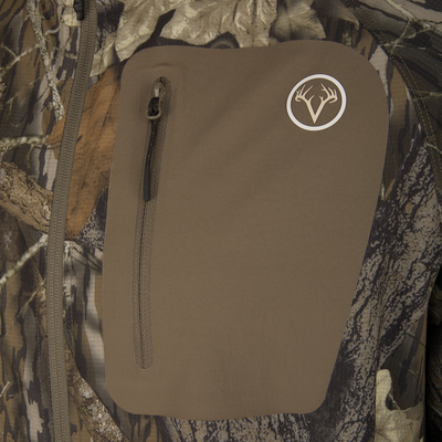 Close-up of the Non-Typical Lightweight SWT Half Zip Pullover, showcasing a camo print, zippered chest pocket, and deer antler emblem, highlighting scent control and durability features.