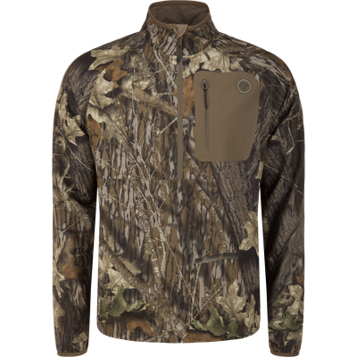 Non-Typical Lightweight SWT Half Zip Pullover with Scent Control in woodland camo, featuring a zippered chest pocket and ergonomic design for outdoor adventures.