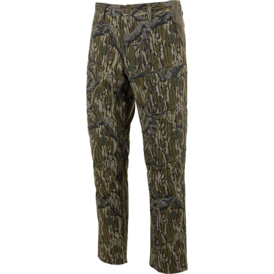 Non-Typical SWT Pant with Scent Control on mannequin, featuring tree-bark camo, front pockets, zip-fly, and a stretch waistband for hunting or outdoor activities.