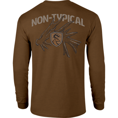 Non-Typical Shed Long Sleeve T-Shirt showcasing lightweight fabric, crafted with a 60% cotton and 40% polyester blend, ideal for casual wear and outdoor activities.