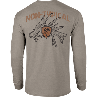 Non-Typical Shed Long Sleeve T-Shirt featuring lightweight cotton-poly blend and long sleeves, ideal for casual wear and outdoor activities.