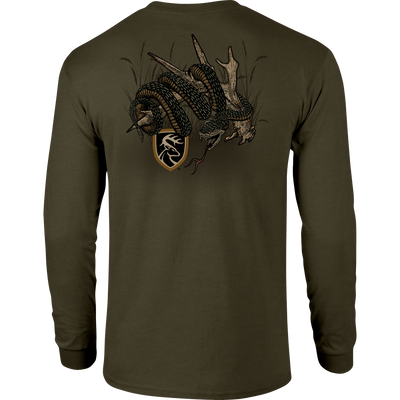 Non-Typical Rattler Long Sleeve T-Shirt with Drake Logo, featuring a lightweight cotton-polyester blend, ideal for outdoor enthusiasts seeking comfort and style.