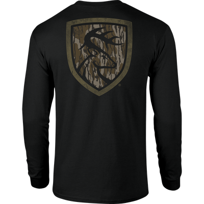 Non-Typical Original Bottomland Long Sleeve T-Shirt with Drake Logo on front, crafted from lightweight cotton-polyester blend, ideal for outdoor enthusiasts seeking quality performance wear.