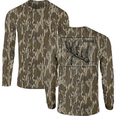 Non-Typical Antler T-Shirt with Mossy Oak Bottomland camo, featuring a deer antler diagram on the back and logos on the front. Durable cotton-polyester blend.