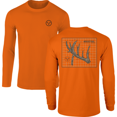 Non-Typical Antler T-Shirt, showcasing a small antler logo on the front and a detailed deer antler schematic on the back, ideal for whitetail enthusiasts.