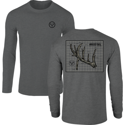 Non-Typical Antler T-Shirt: Dark-gray long-sleeve with stylized antlers logo on chest and detailed whitetail antler diagram on back, ideal for hunting enthusiasts.