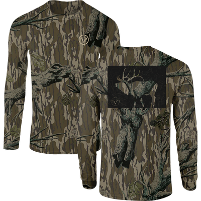 Non-Typical Elk T-Shirt with a camo pattern, features deer graphics and Mossy Oak branding; ideal for hunting, made from a durable cotton-polyester blend.