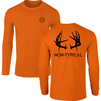 Non-Typical Drop Tine T-Shirt showcasing a front antler logo and a large back graphic with NON-TYPICAL and tagline, crafted for breathable comfort in hunting settings.