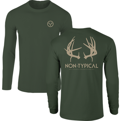 Non-Typical Drop Tine T-Shirt with front logo and back antler graphic, ideal for hunting with durable cotton-polyester blend and lightweight comfort.
