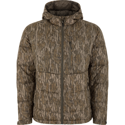 The Non-Typical Down Jacket with Agion Active X2 by Nontypical in Mossy Oak Bottomland features a hood, full front zipper, and chest pocket, shown on a plain white background.