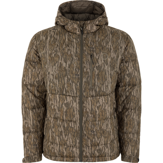 The Non-Typical Down Jacket with Agion Active X2 by Nontypical in Mossy Oak Bottomland features a hood, full front zipper, and chest pocket, shown on a plain white background.