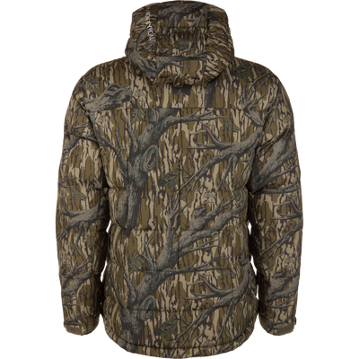 The Non-Typical Down Jacket with Agion Active X2 by Nontypical is a hooded, insulated jacket in a brown and green tree branch camouflage pattern, shown from the back.