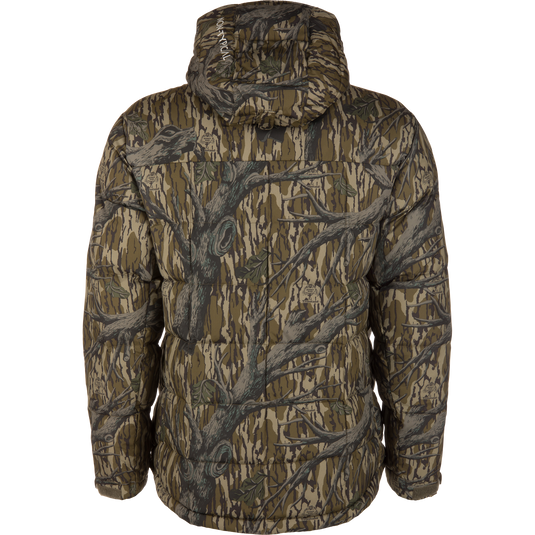 The Non-Typical Down Jacket with Agion Active X2 by Nontypical is a hooded, insulated jacket in a brown and green tree branch camouflage pattern, shown from the back.