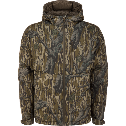The Non-Typical Down Jacket with Agion Active X2 by Nontypical, in Mossy Oak Original Treestand camo, is shown on a plain white background.