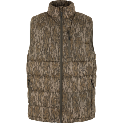 The Nontypical Non-Typical Down Vest with Agion Active X2 in Mossy Oak Bottomland features a sleeveless design, front zipper, zippered side pockets, and high collar in a nature-inspired camouflage pattern.