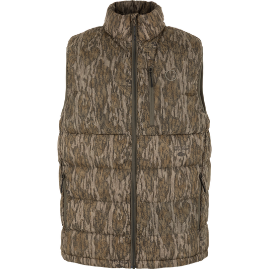 The Nontypical Non-Typical Down Vest with Agion Active X2 in Mossy Oak Bottomland features a sleeveless design, front zipper, zippered side pockets, and high collar in a nature-inspired camouflage pattern.