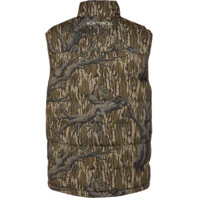 The Non-Typical Down Vest with Agion Active X2 by Nontypical features a brown camo design, sleeveless insulation, and NON-TYPICAL text on the back—ideal for chilly outdoor hunts.