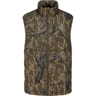 The Non-Typical Down Vest with Agion Active X2 by Nontypical features a Mossy Oak Original Treestand pattern, zip-up front, and high collar—ideal as a stylish and functional hunting vest.